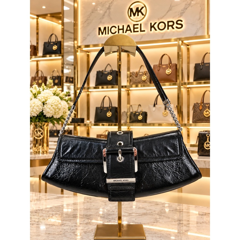 Michael Kors Colby Black Crinkled Leather Buckle Shoulder Bag Silver Hardware